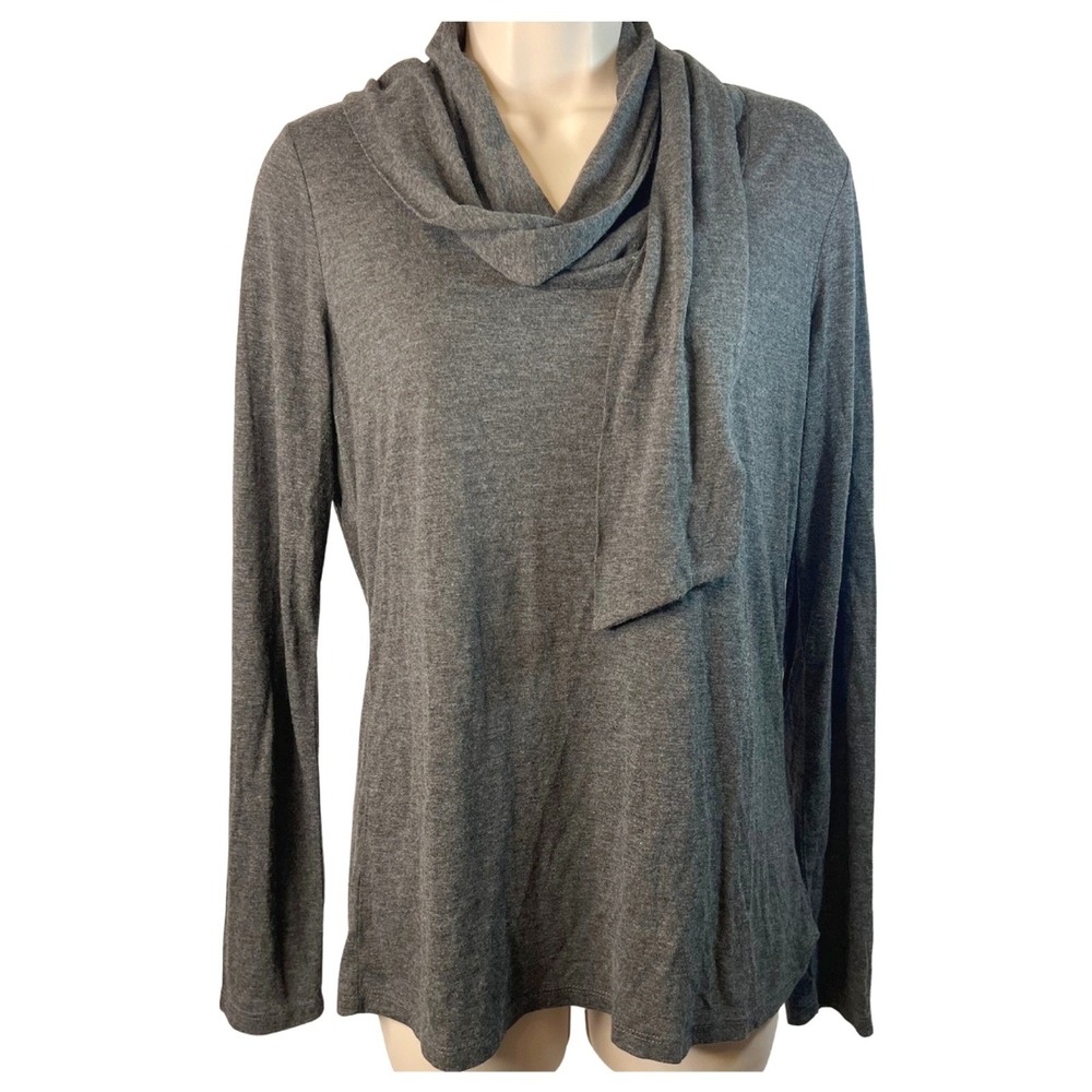 Ann Taylor Top Scarf Neck Long‎ Sleeve Knit Pullover Gray Lightweight Basic MD